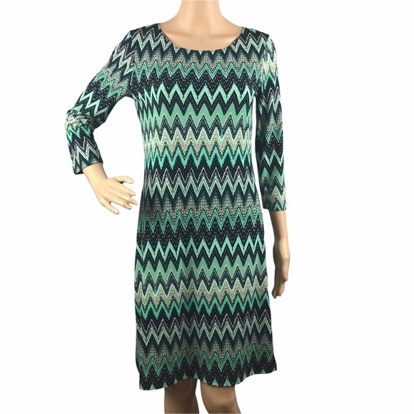 Spense Dress Size 4 Green Multicolor Chevron Print 3/4 Sleeves - Picture 1 of 7